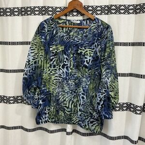 Westport Women's Blue Green Animal Print Button Up 3/4 Sleeve Shirt Top